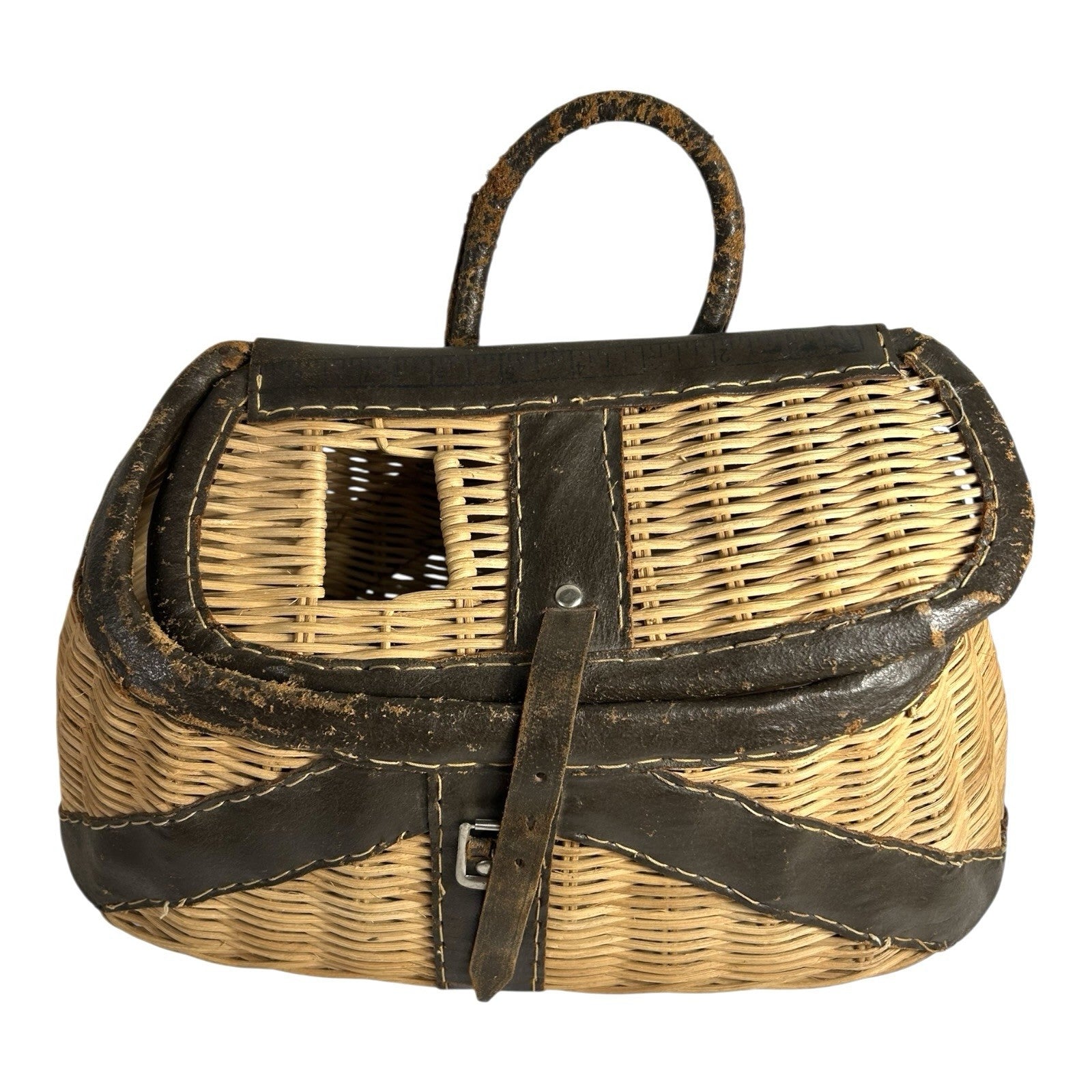 Vintage Leather and  Wicker Cabin Decor Fishing Creel