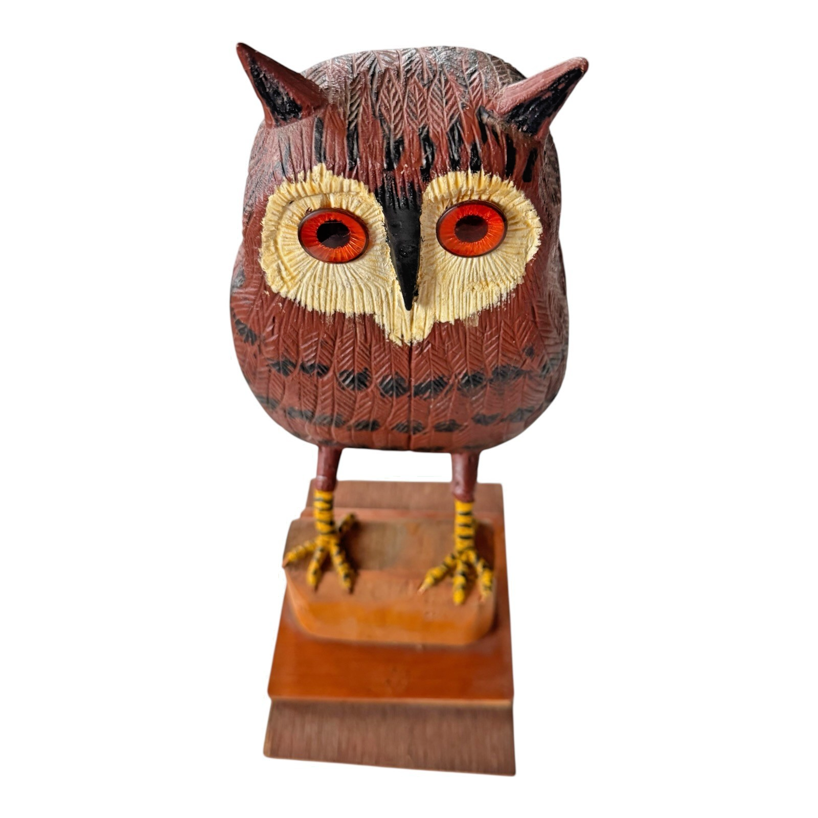 Vintage Carved Folk Art Wood Owl Sculpture Glass Eyes - Signed by Carl Scharver