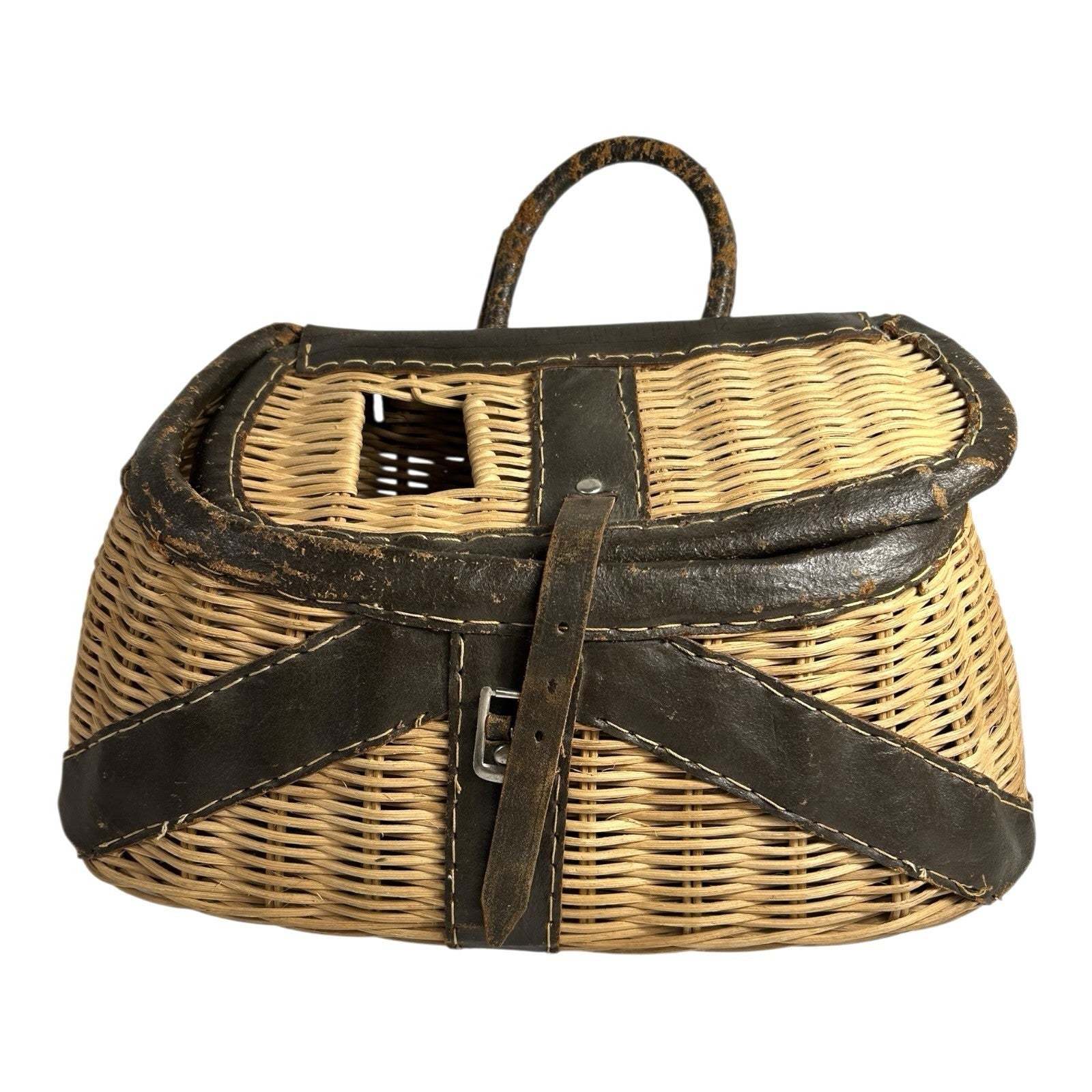 Vintage Leather and  Wicker Cabin Decor Fishing Creel