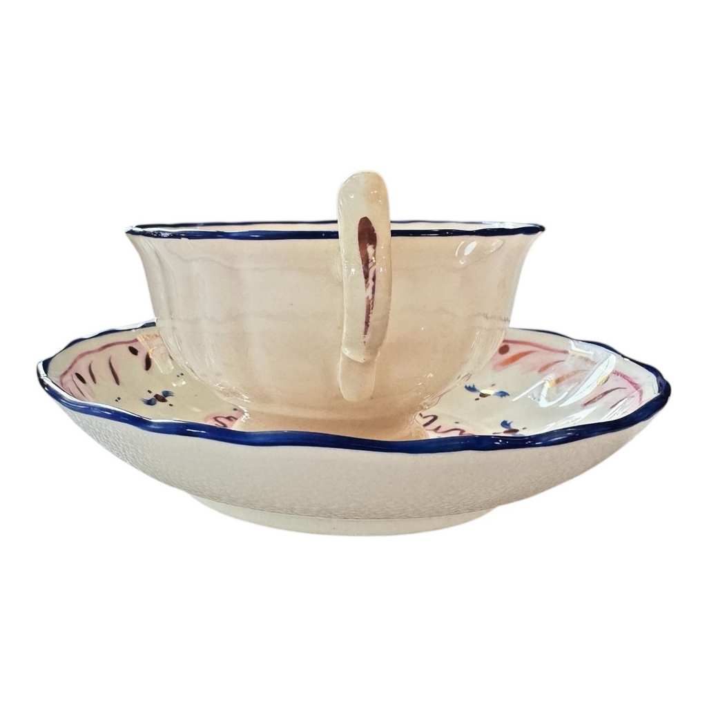 Antique Staffordshire Pink Lustre Lusterware Cup & Saucer - Blue Rim
