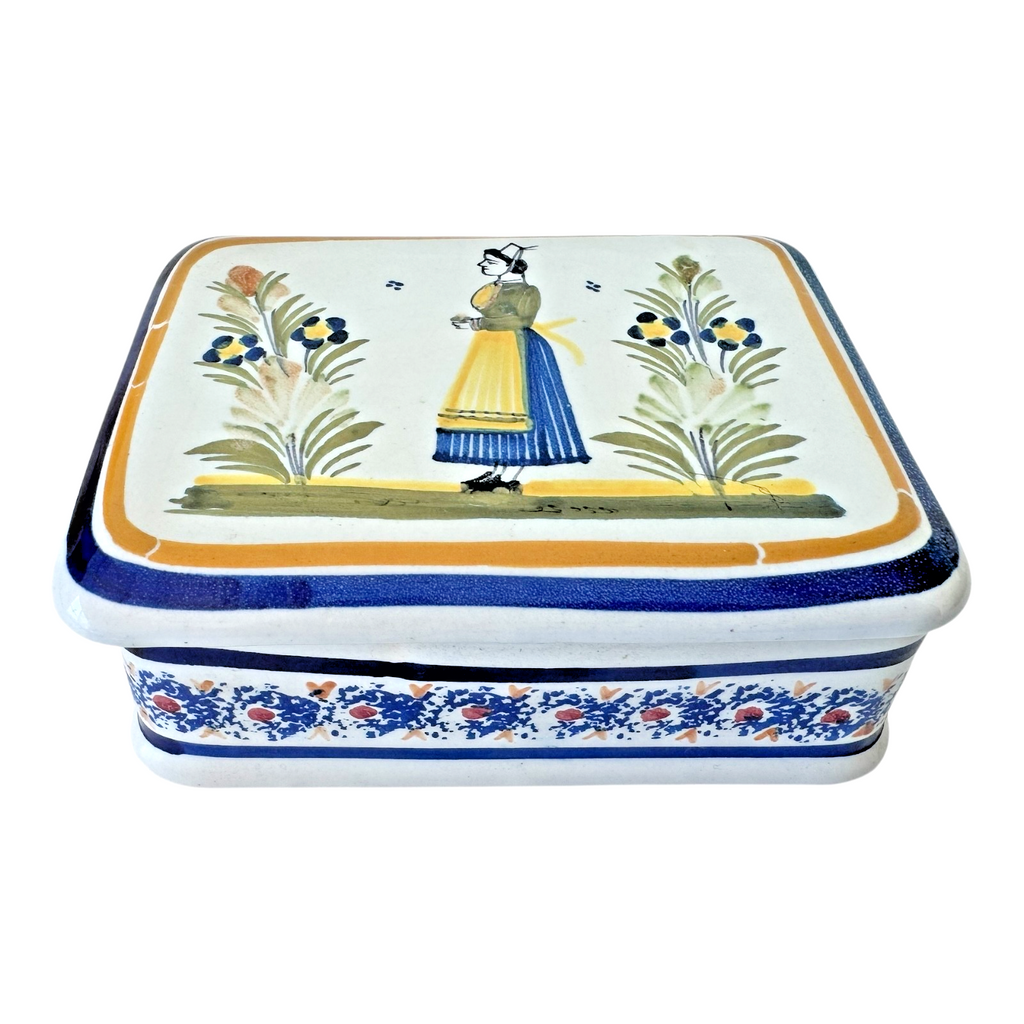 Vintage Henriot Quimper France Lidded Trinket Box with Breton Woman - Signed