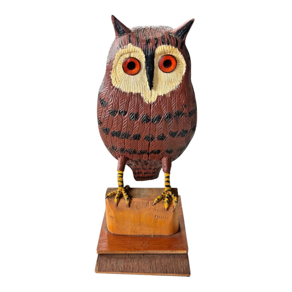 Vintage Carved Folk Art Wood Owl Sculpture Glass Eyes - Signed by Carl Scharver