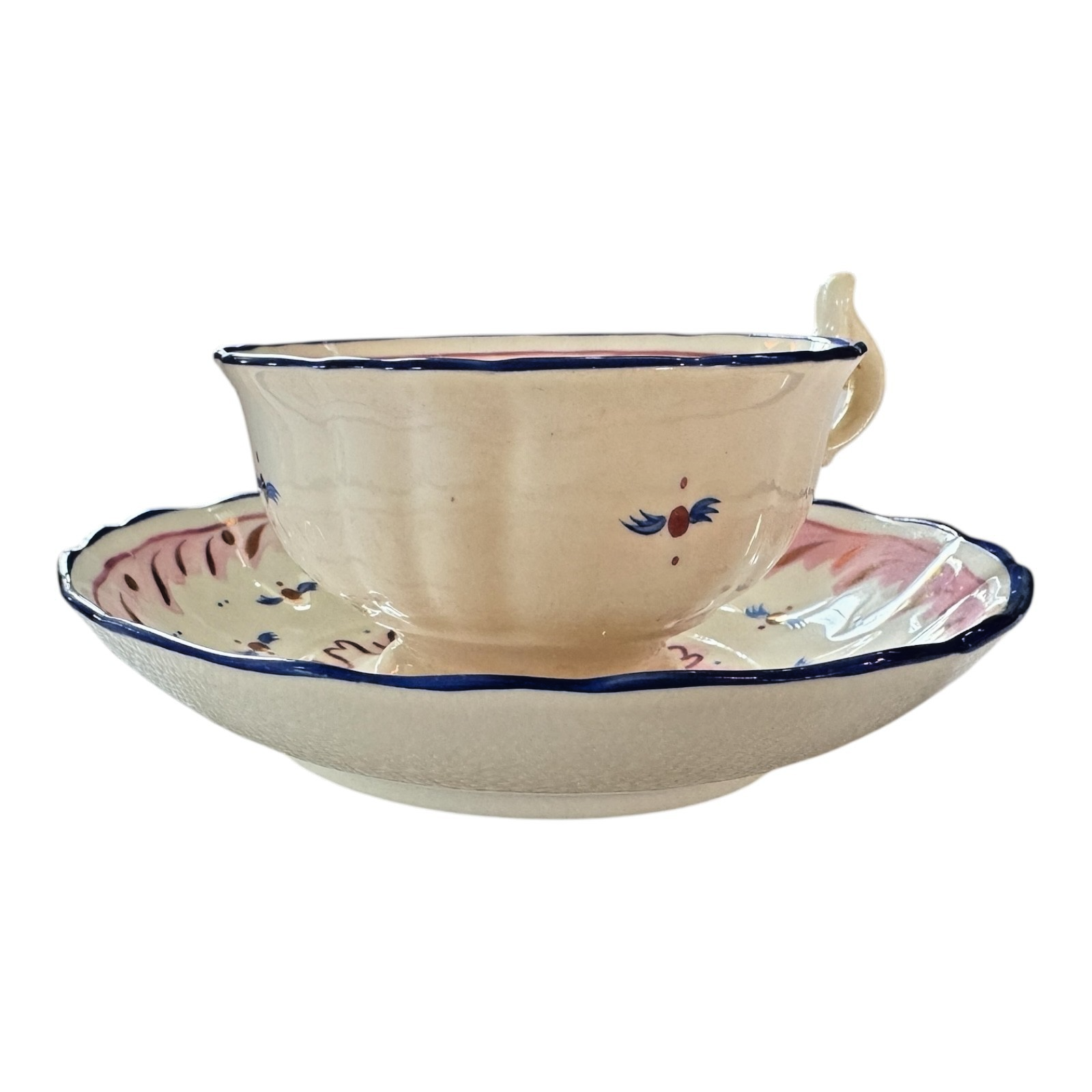 Antique Staffordshire Pink Lustre Lusterware Cup & Saucer - Blue Rim