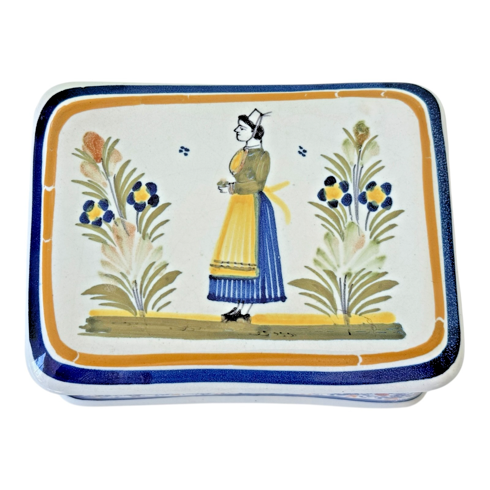 Vintage Henriot Quimper France Lidded Trinket Box with Breton Woman - Signed