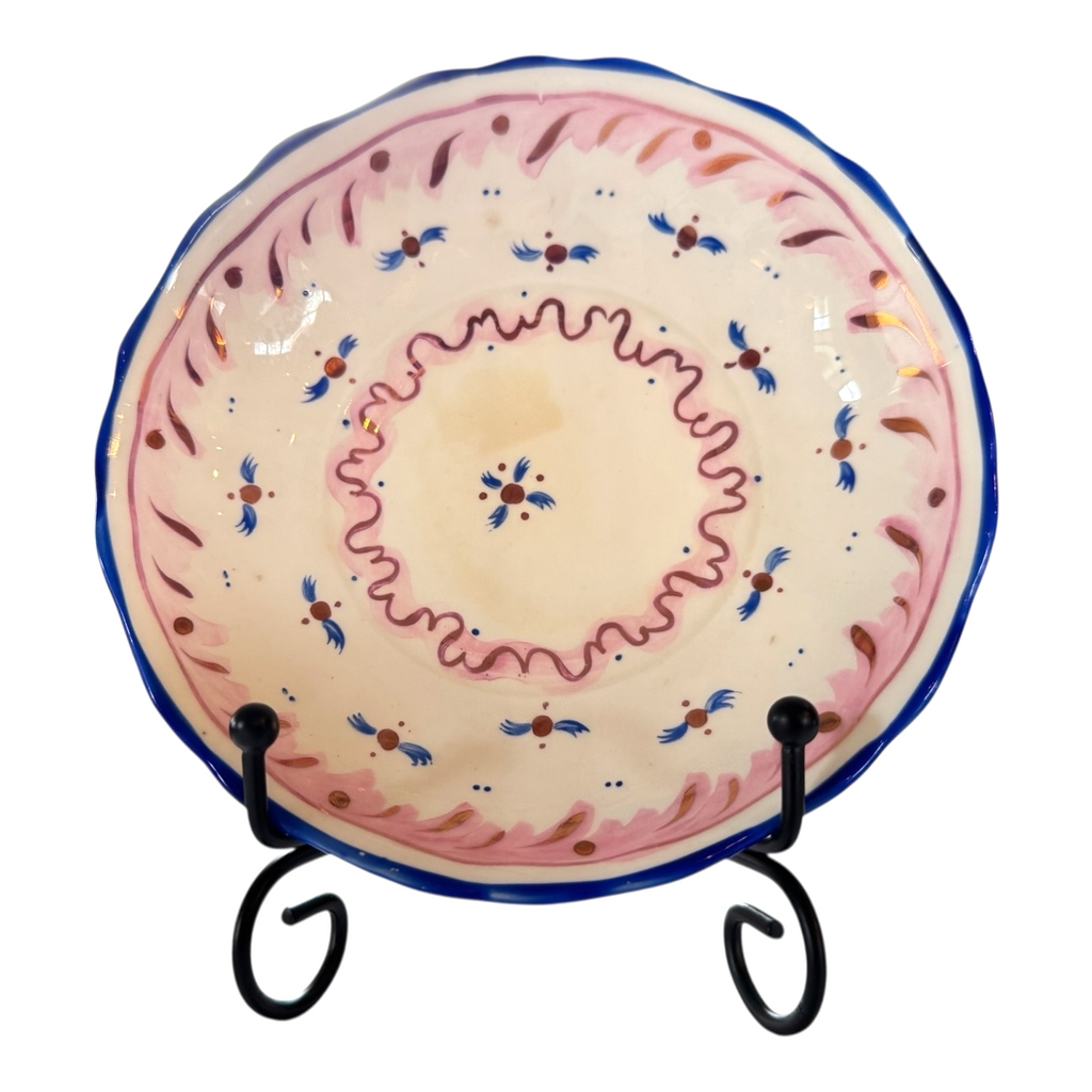 Antique Staffordshire Pink Lustre Lusterware Cup & Saucer - Blue Rim