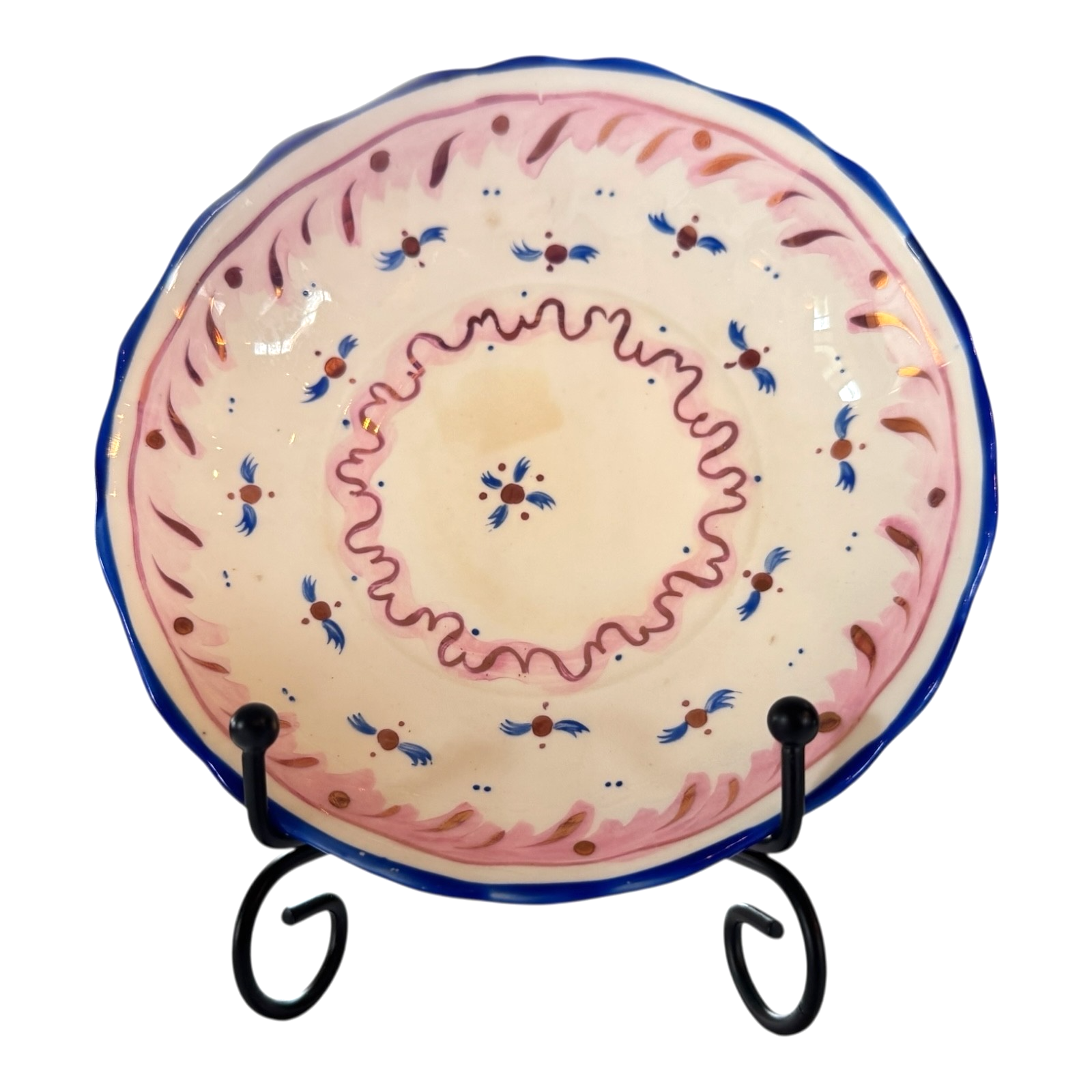Antique Staffordshire Pink Lustre Lusterware Cup & Saucer - Blue Rim