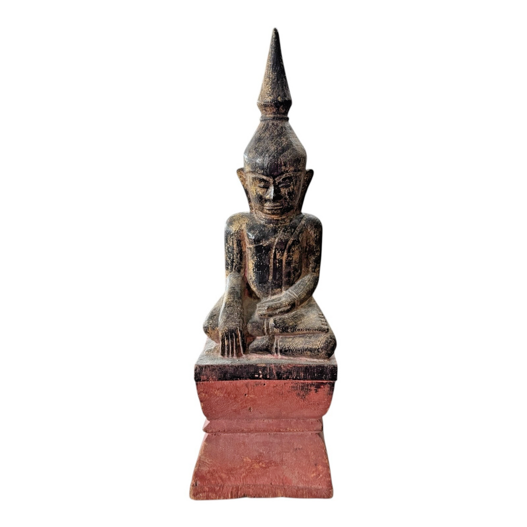Antique Asian Burmese Wooden Seated Buddha Statue on Red Painted Base
