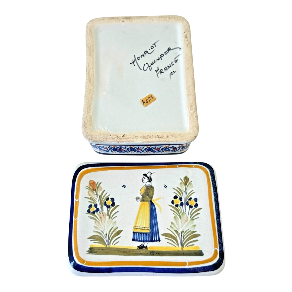 Vintage Henriot Quimper France Lidded Trinket Box with Breton Woman - Signed