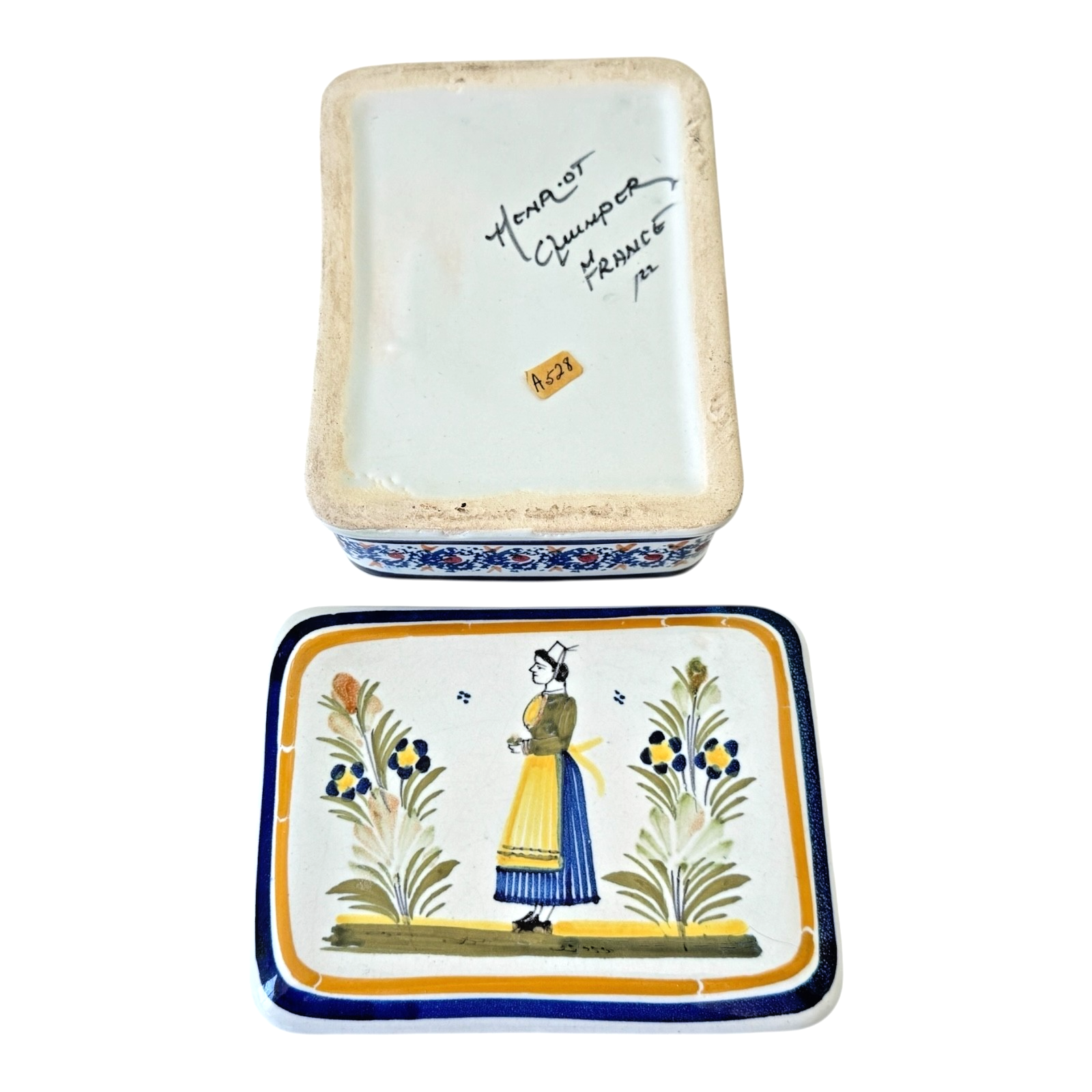 Vintage Henriot Quimper France Lidded Trinket Box with Breton Woman - Signed