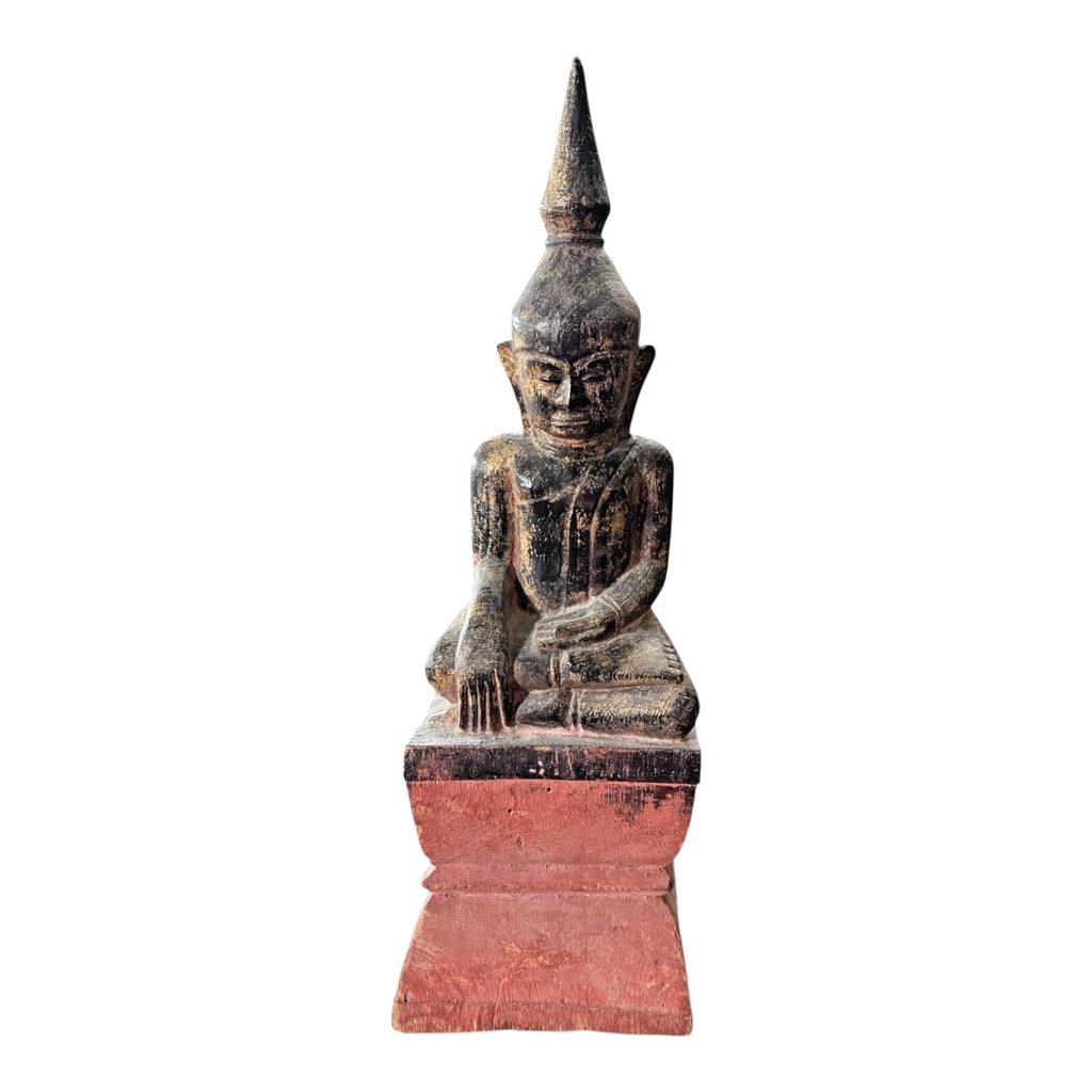 Antique Asian Burmese Wooden Seated Buddha Statue on Red Painted Base