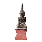 Antique Asian Burmese Wooden Seated Buddha Statue on Red Painted Base