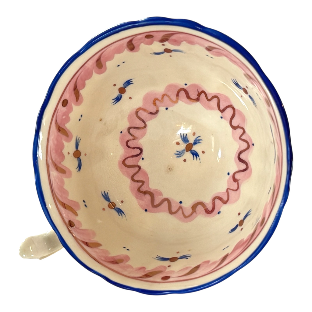 Antique Staffordshire Pink Lustre Lusterware Cup & Saucer - Blue Rim