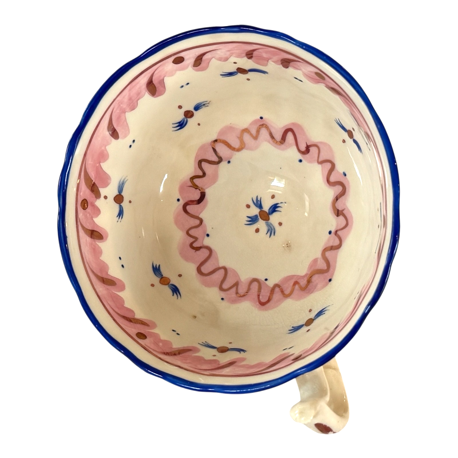 Antique Staffordshire Pink Lustre Lusterware Cup & Saucer - Blue Rim