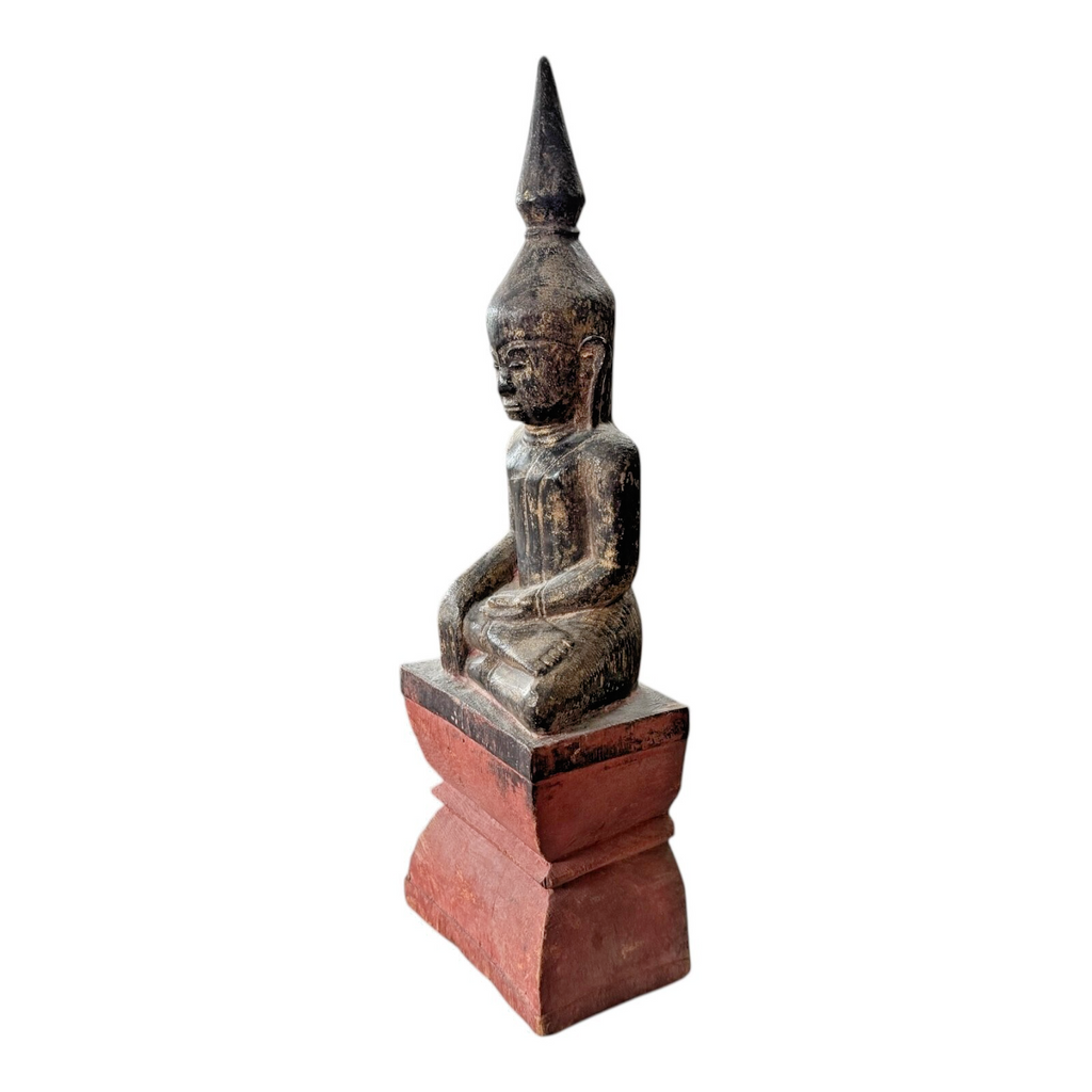 Antique Asian Burmese Wooden Seated Buddha Statue on Red Painted Base