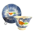 Antique Staffordshire Blue Spatterware Spongeware Cup & Saucer - Peafowl Design