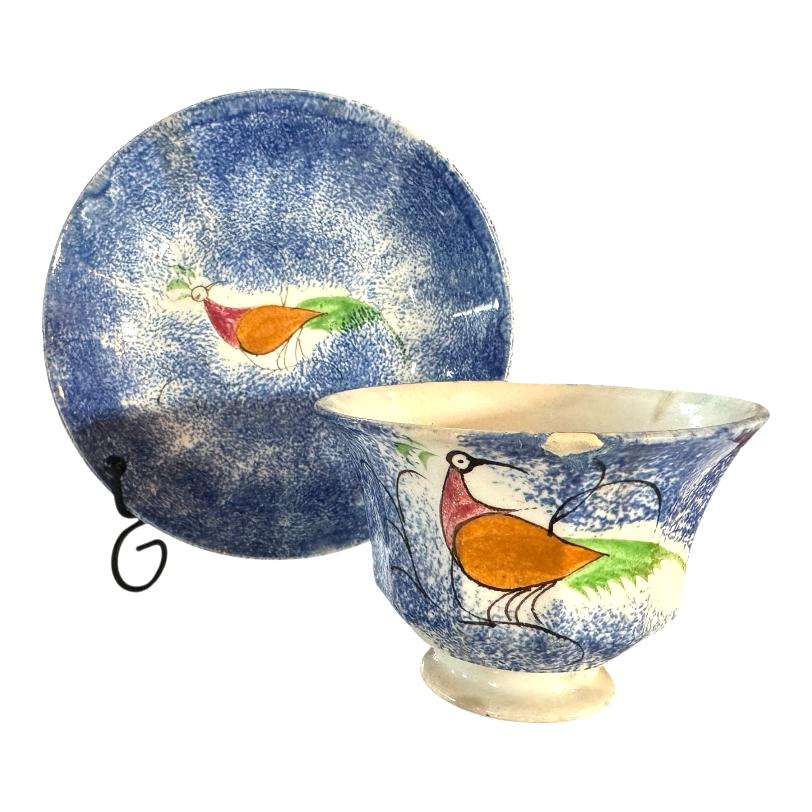 Antique Staffordshire Blue Spatterware Spongeware Cup & Saucer - Peafowl Design