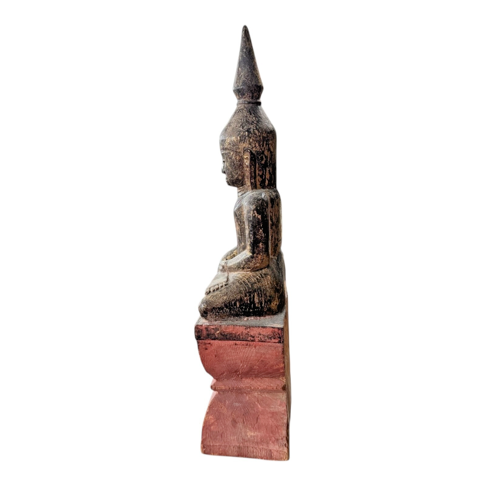 Antique Asian Burmese Wooden Seated Buddha Statue on Red Painted Base
