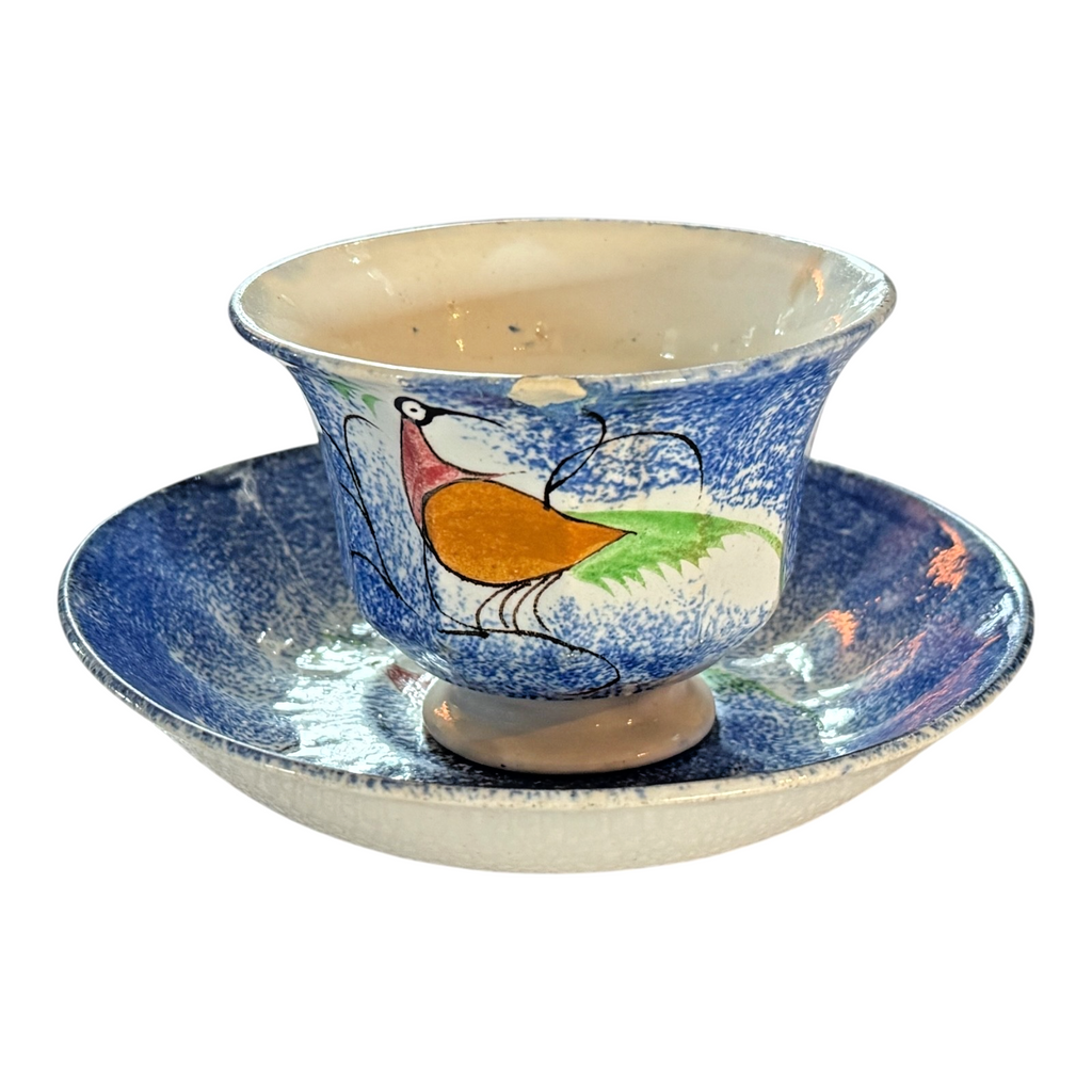 Antique Staffordshire Blue Spatterware Spongeware Cup & Saucer - Peafowl Design