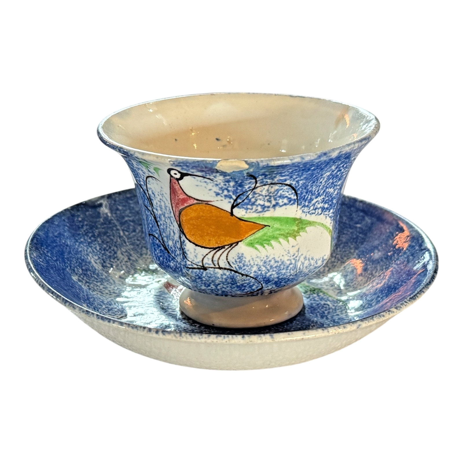 Antique Staffordshire Blue Spatterware Spongeware Cup & Saucer - Peafowl Design