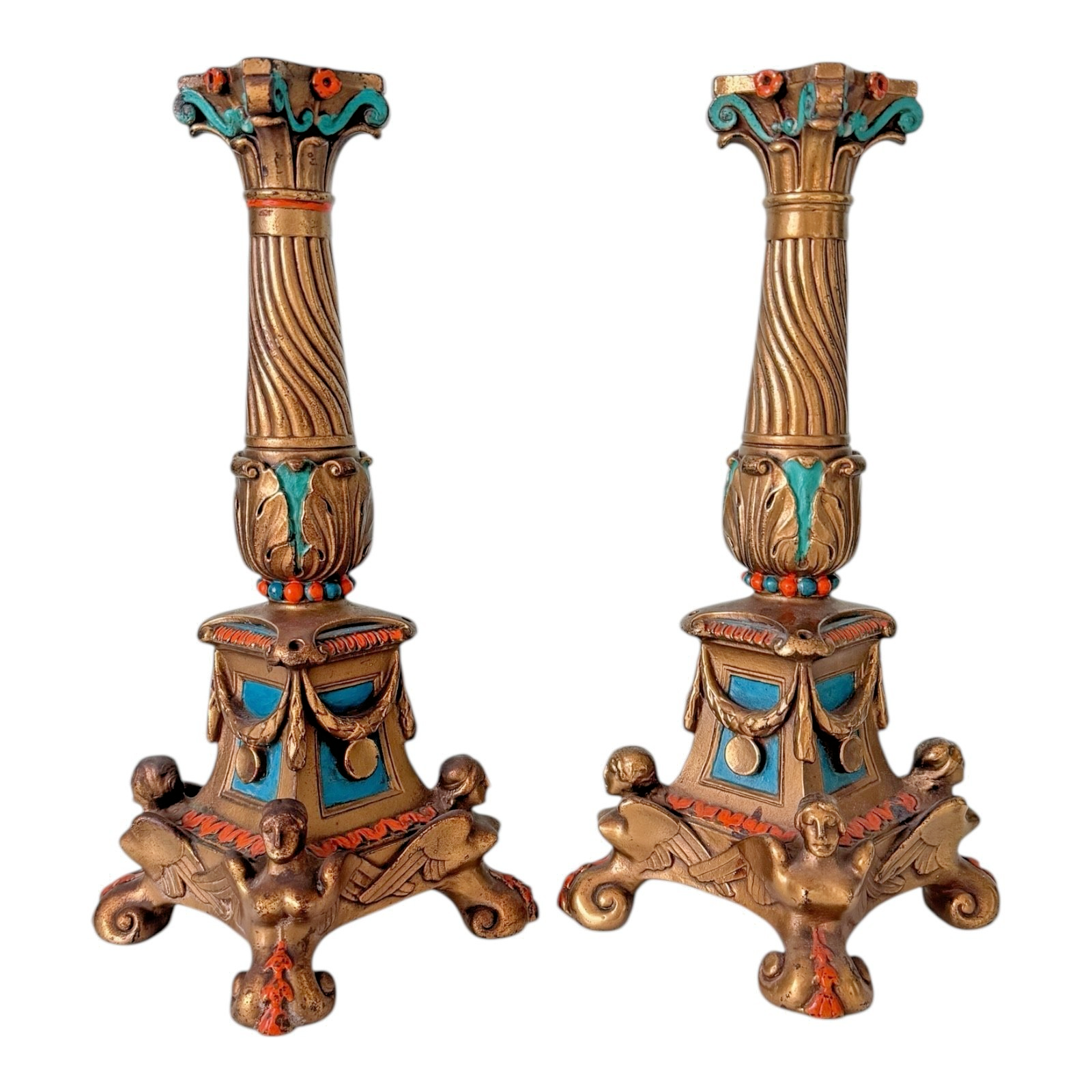 Antique Louis XVI Style Spelter Candlesticks with Figural Sphinx Bases