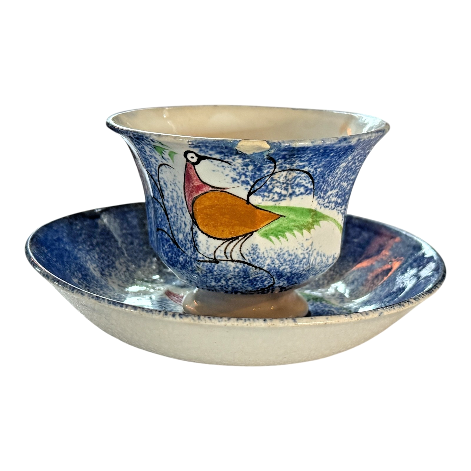 Antique Staffordshire Blue Spatterware Spongeware Cup & Saucer - Peafowl Design