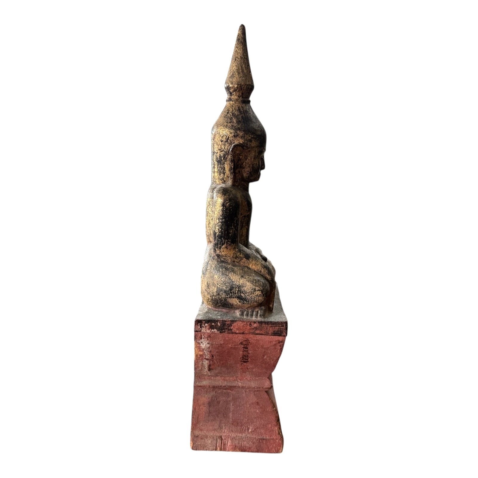 Antique Asian Burmese Wooden Seated Buddha Statue on Red Painted Base