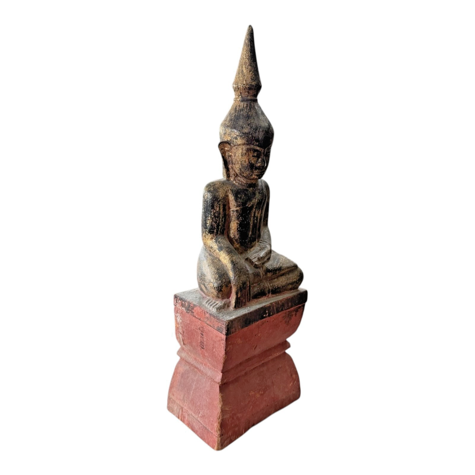 Antique Asian Burmese Wooden Seated Buddha Statue on Red Painted Base