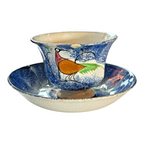 Antique Staffordshire Blue Spatterware Spongeware Cup & Saucer - Peafowl Design