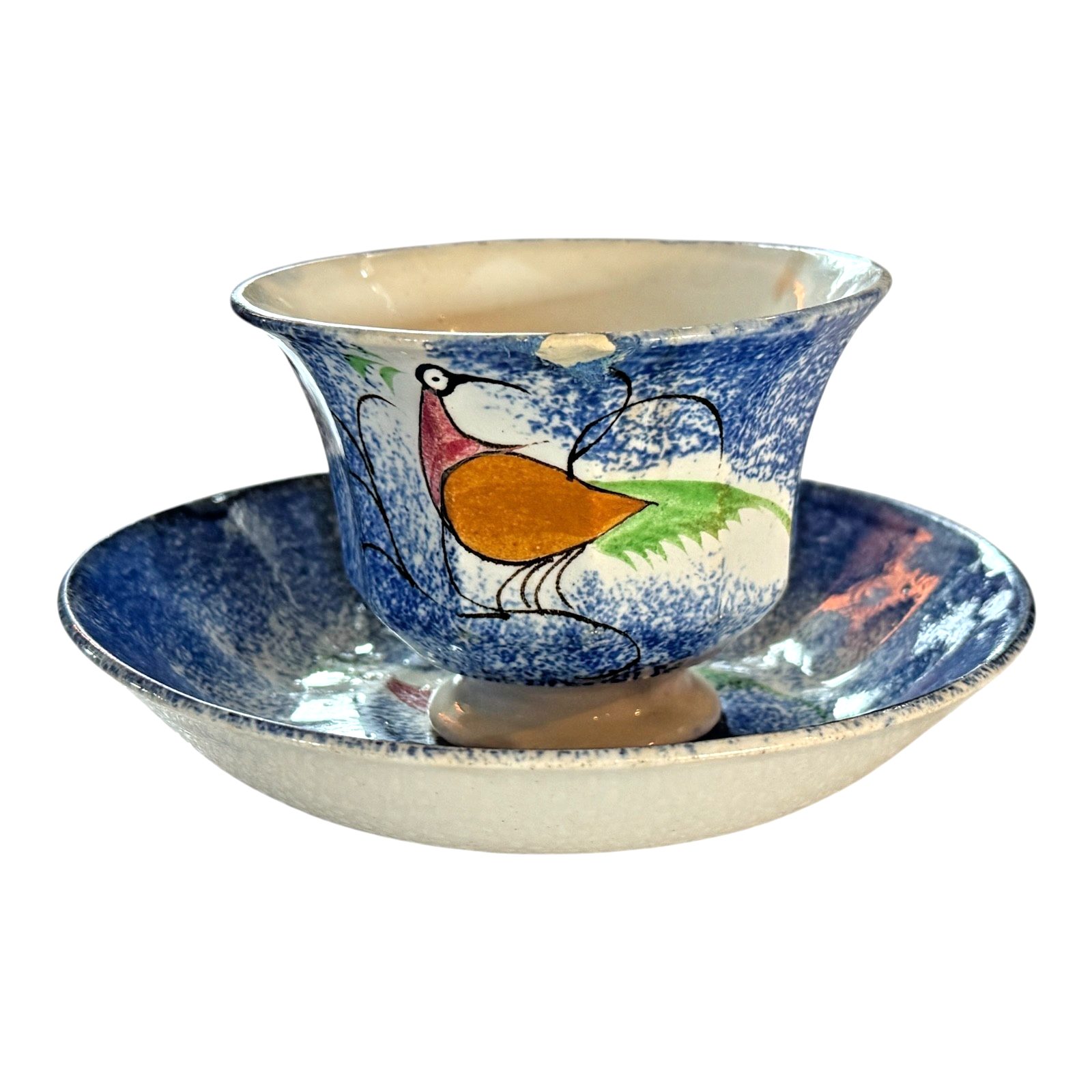 Antique Staffordshire Blue Spatterware Spongeware Cup & Saucer - Peafowl Design