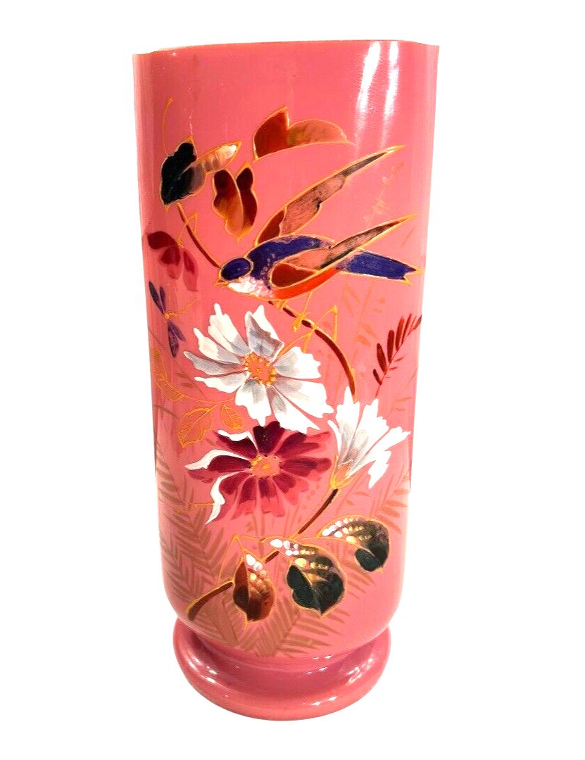 Antique French Painted Floral Opaline Pink Glass Vase (Cipher)