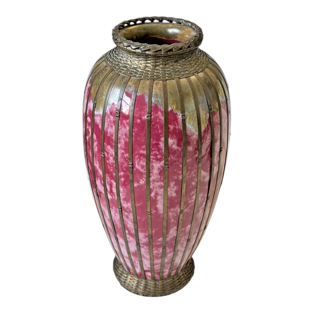 Antique Japanese Meiji Period Pink Art Vase with Metal Basket Weave Overlay