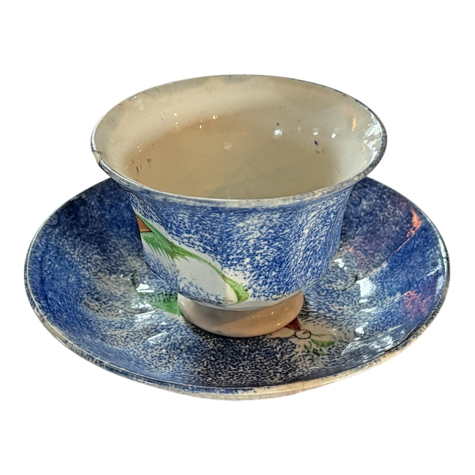 Antique Staffordshire Blue Spatterware Spongeware Cup & Saucer - Peafowl Design