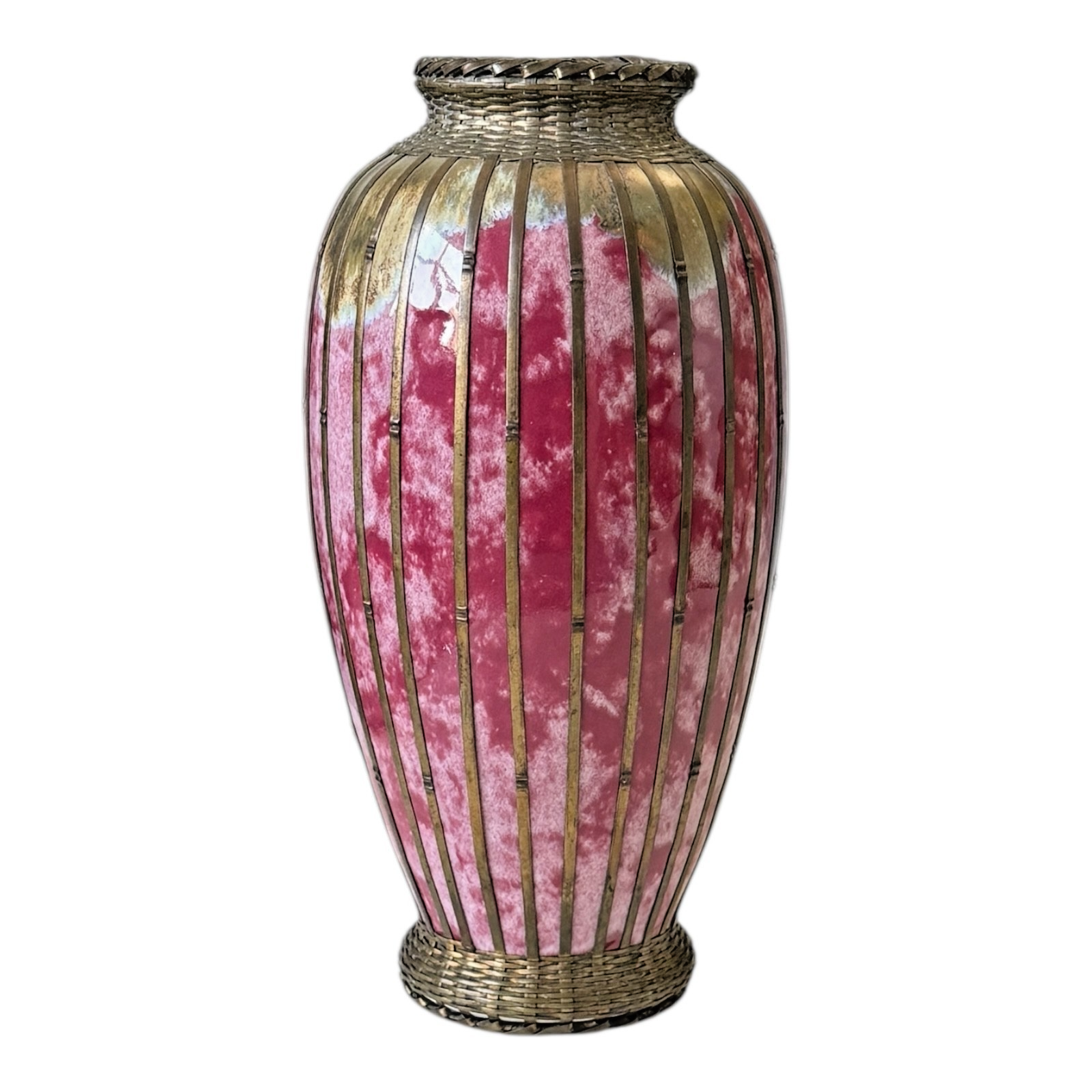 Antique Japanese Meiji Period Pink Art Vase with Metal Basket Weave Overlay