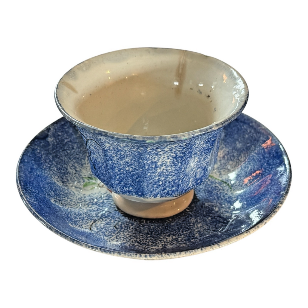 Antique Staffordshire Blue Spatterware Spongeware Cup & Saucer - Peafowl Design