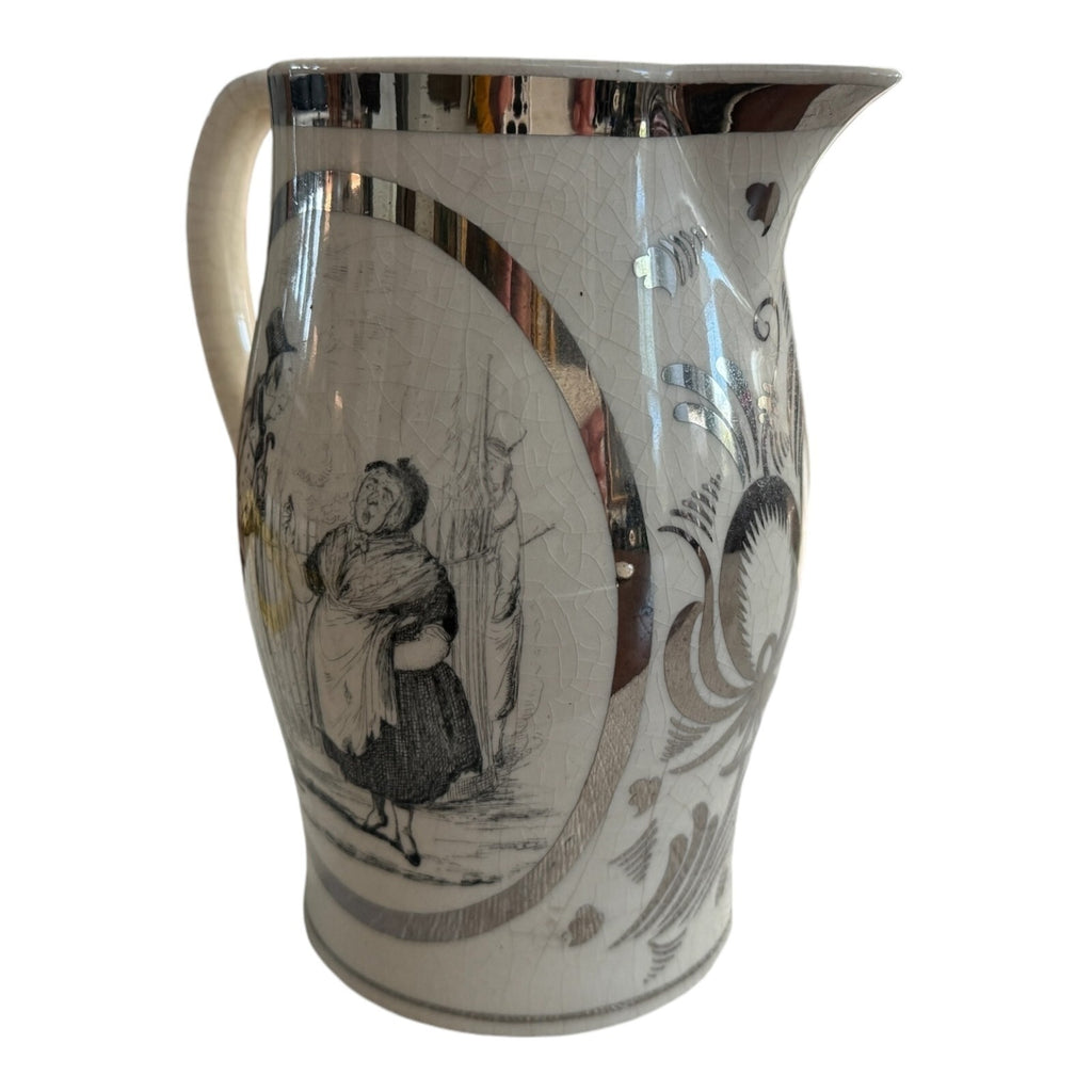 Antique Staffordshire Liverpool Storytelling Silver Painted Pitcher Jug