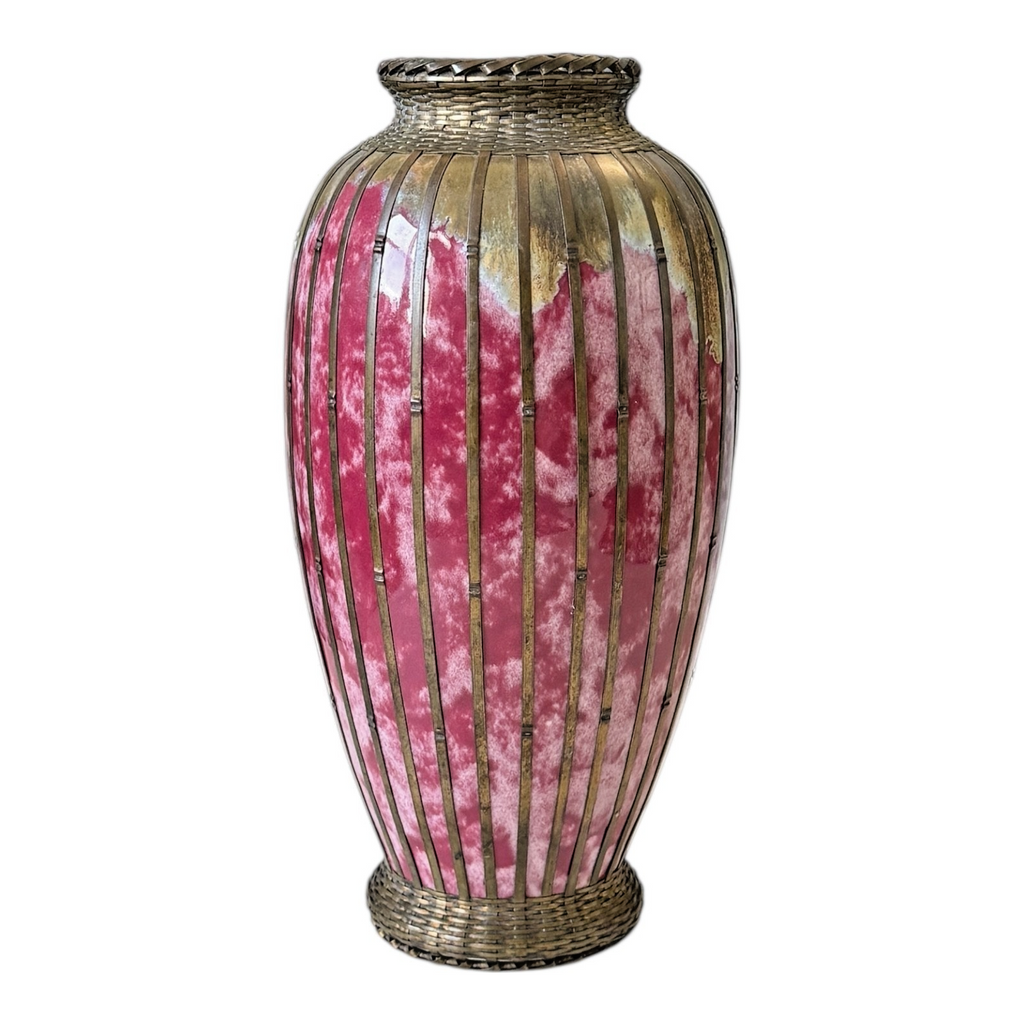 Antique Japanese Meiji Period Pink Art Vase with Metal Basket Weave Overlay