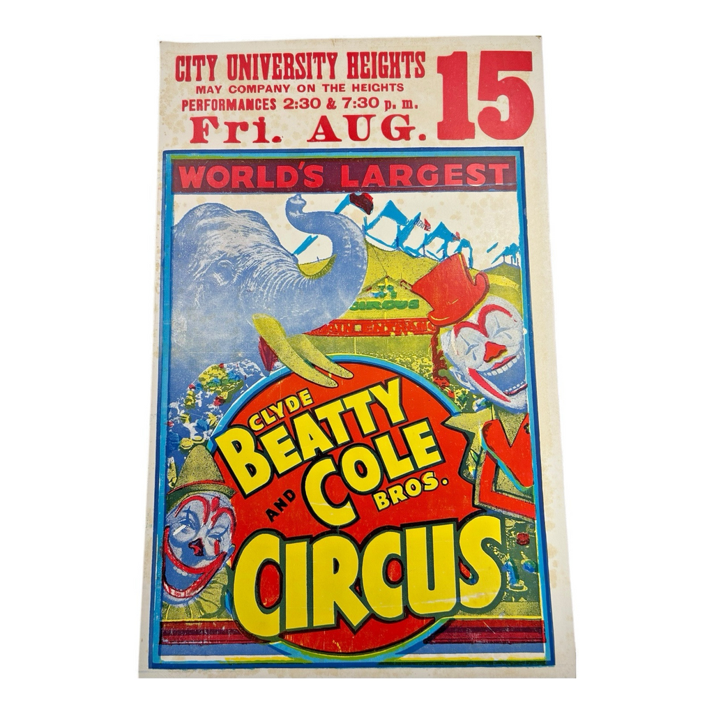 Vintage Clyde Beatty & Cole Bros Cardboard Circus Poster - Elephant and Clown
