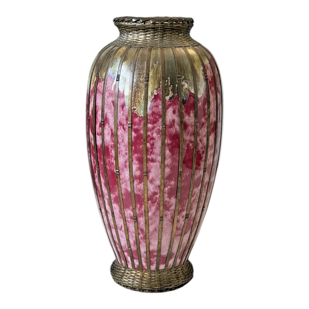 Antique Japanese Meiji Period Pink Art Vase with Metal Basket Weave Overlay