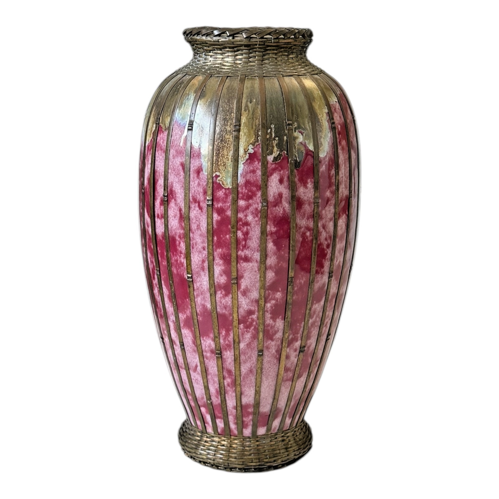 Antique Japanese Meiji Period Pink Art Vase with Metal Basket Weave Overlay
