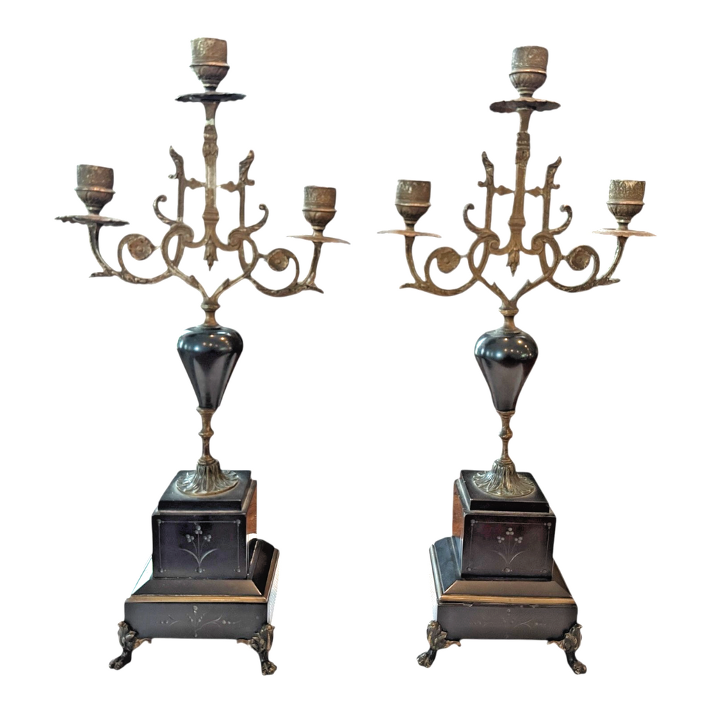 Antique European Empire Style Bronze Marble 3 Arm Candelabras Candle Holder Pair