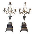 Antique European Empire Style Bronze Marble 3 Arm Candelabras Candle Holder Pair