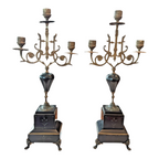Antique European Empire Style Bronze Marble 3 Arm Candelabras Candle Holder Pair