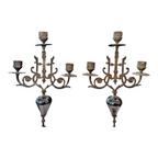 Antique European Empire Style Bronze Marble 3 Arm Candelabras Candle Holder Pair