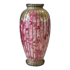 Antique Japanese Meiji Period Pink Art Vase with Metal Basket Weave Overlay