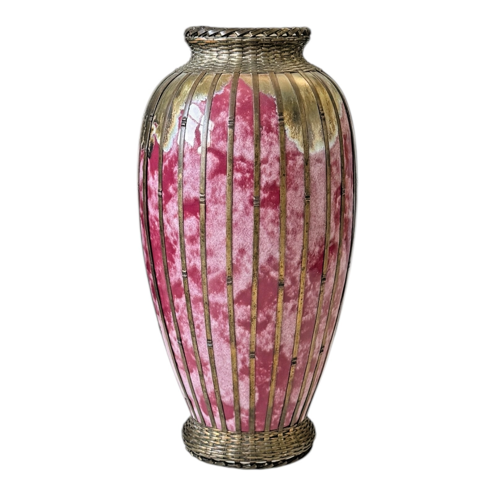 Antique Japanese Meiji Period Pink Art Vase with Metal Basket Weave Overlay