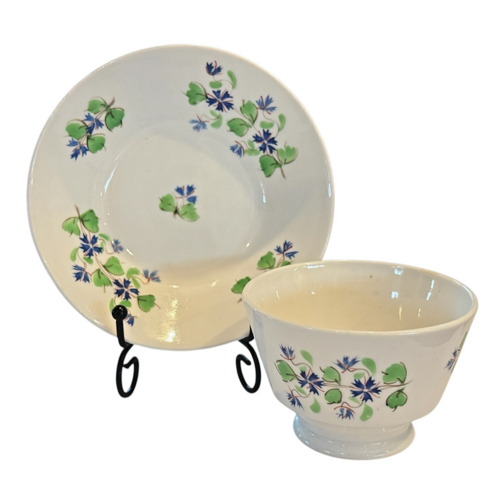 Antique Staffordshire Pearlware Purple and Green Floral Sprig Teacup & Saucer