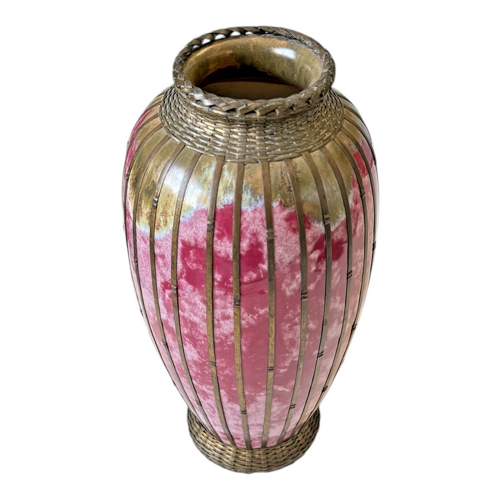 Antique Japanese Meiji Period Pink Art Vase with Metal Basket Weave Overlay