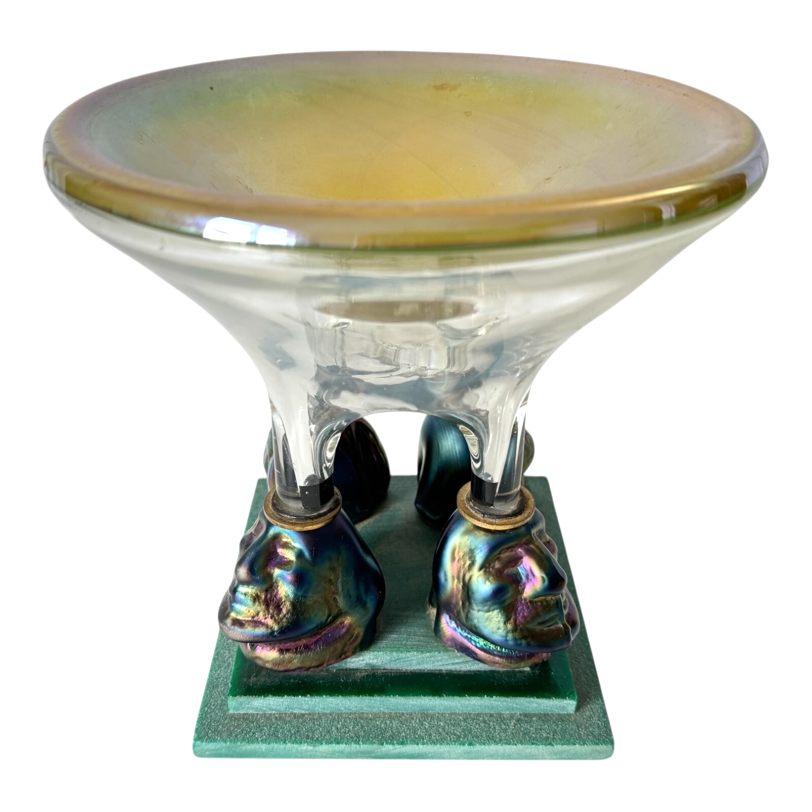 Vintage Postmodern Iridescent Art Glass Pedestal Bowl with Sculptural Bust Base