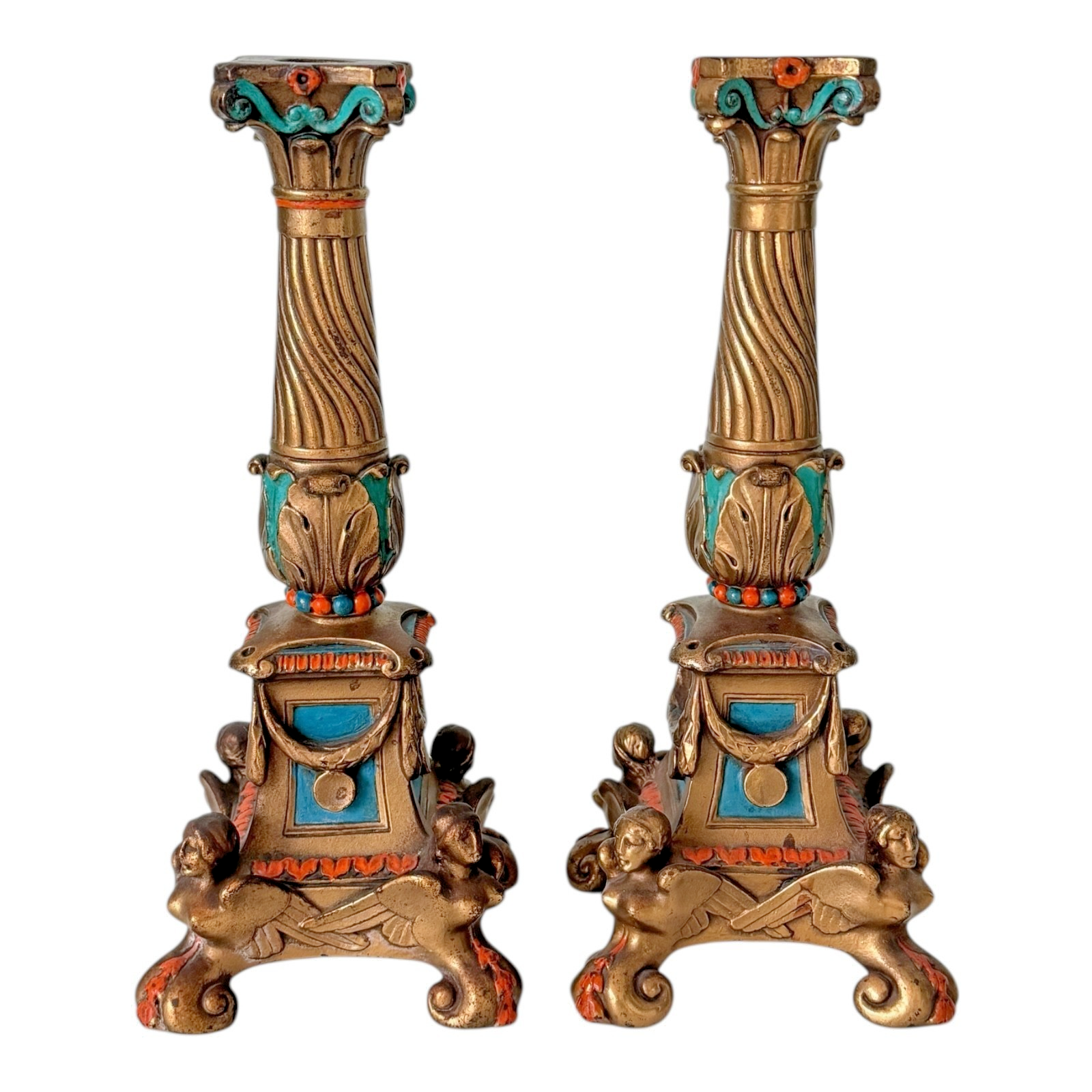 Antique Louis XVI Style Spelter Candlesticks with Figural Sphinx Bases