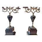 Antique European Empire Style Bronze Marble 3 Arm Candelabras Candle Holder Pair